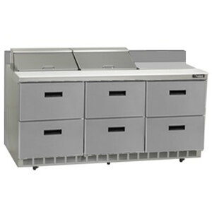 A stainless steel Delfield sandwich prep table with six drawers.