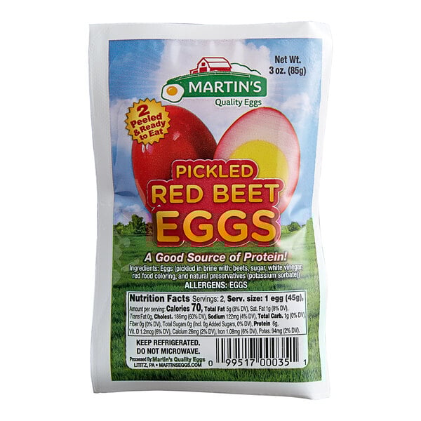 A package of Martin's Quality Eggs PA Dutch Pickled Red Beet Hard Cooked Eggs.