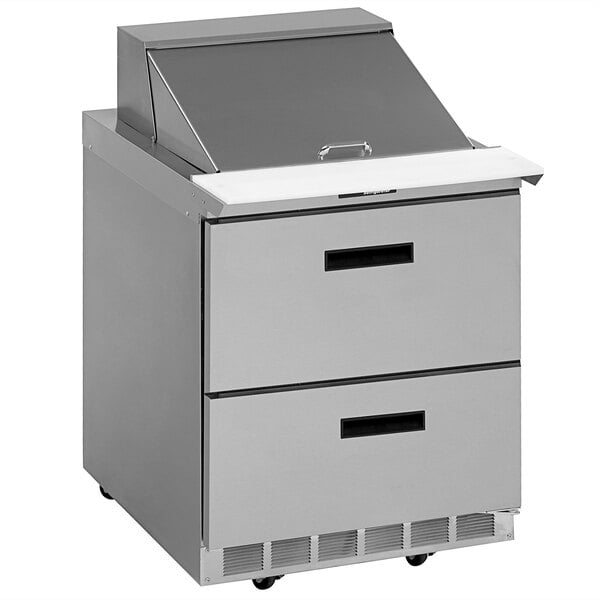 A Delfield stainless steel 2 drawer sandwich prep table on wheels.