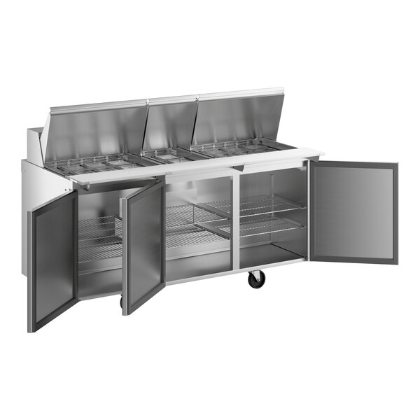 Delfield 4472NP-30M 72" 3 Door Mega Top Front Breathing Refrigerated Sandwich Prep Table with 3" Casters