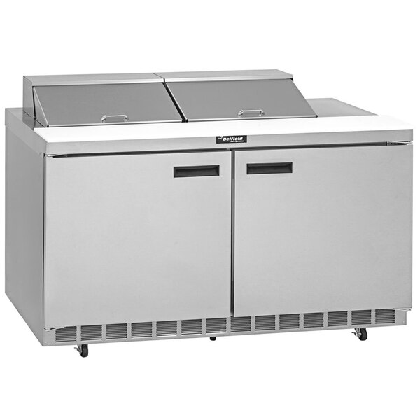 A stainless steel Delfield sandwich prep refrigerator with two doors.