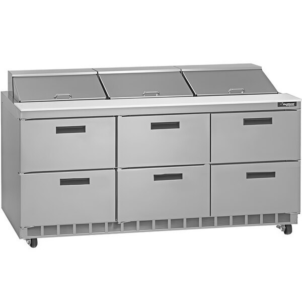 A Delfield refrigerated sandwich prep table with drawers.