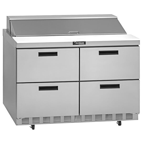 A Delfield refrigerated sandwich prep table with drawers.