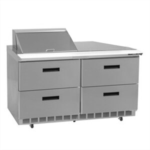 A stainless steel Delfield refrigerated sandwich prep table with drawers.