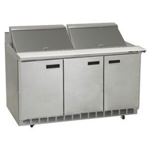 A stainless steel Delfield 3 door mega top sandwich prep table.