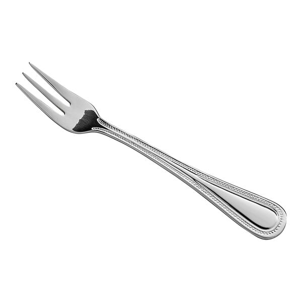 An Acopa Lydia stainless steel cocktail/oyster fork with a silver handle.