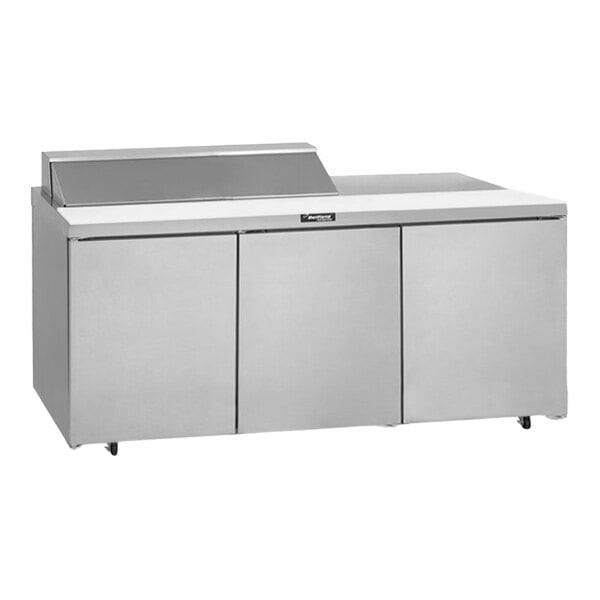 A Delfield stainless steel sandwich prep table with two doors on the counter.