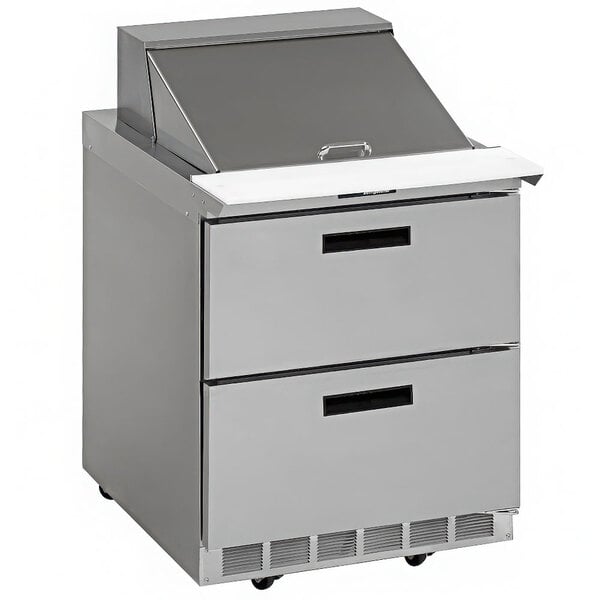 A Delfield stainless steel refrigerated sandwich prep table with two drawers.