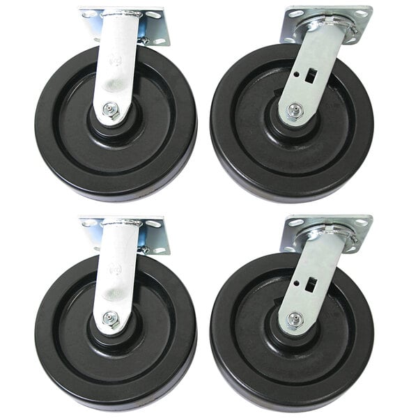 A set of 4 black phenolic caster wheels with metal brackets.