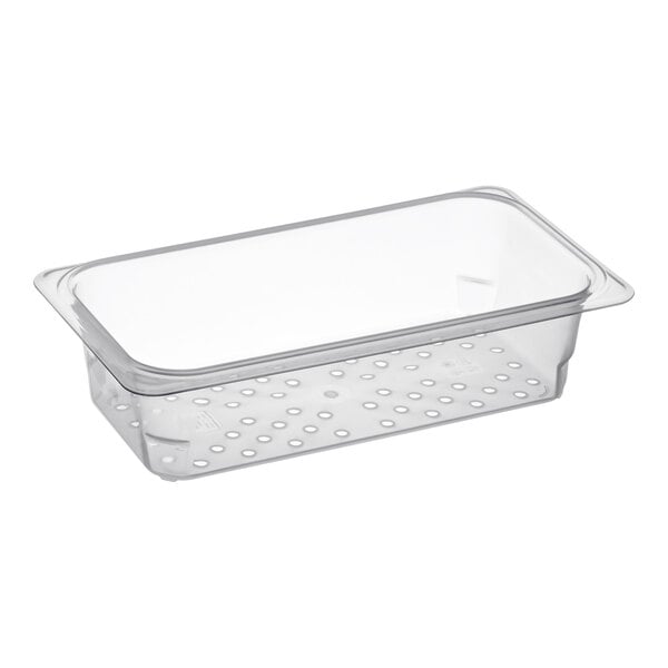 A clear plastic 1/3 size food pan colander with holes.
