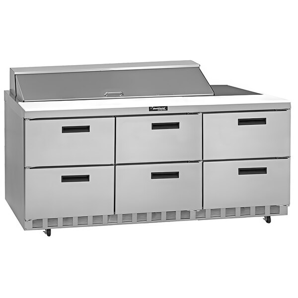 A stainless steel Delfield sandwich prep table with drawers.