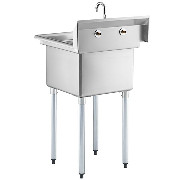 A Steelton stainless steel sink with a faucet over two legs.