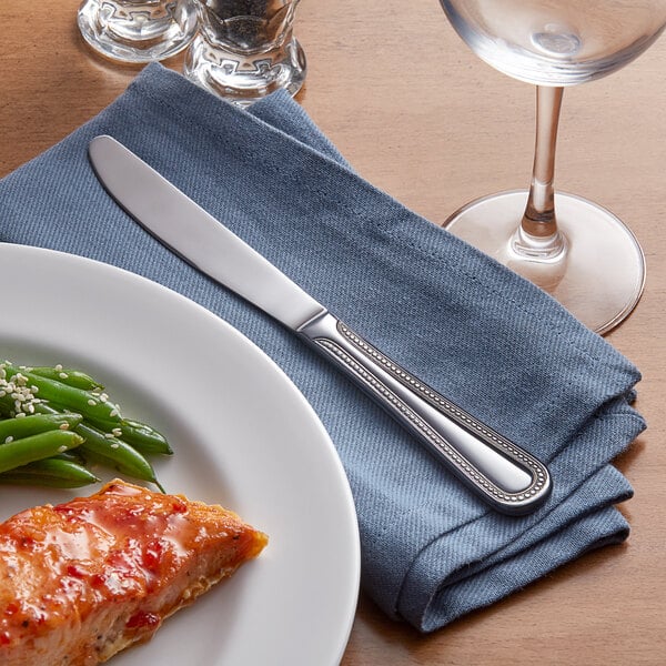 An Acopa Lydia stainless steel dinner knife on a plate of food.