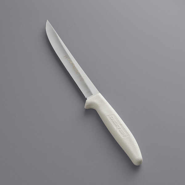 A Dexter-Russell boning knife with a white handle.