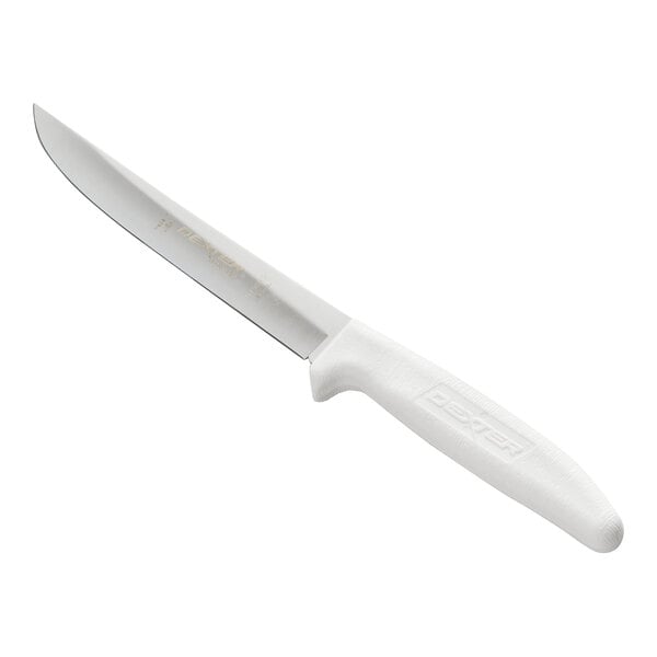 A knife with a straight, narrow blade and a white textured handle.