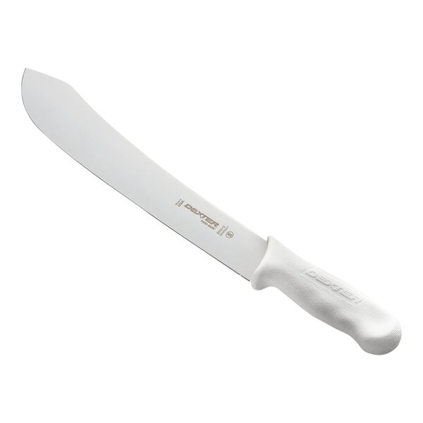 A large butcher knife with a wide, curved blade and a white textured handle.