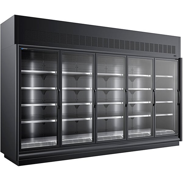 A black Master-Bilt glass door merchandiser freezer.
