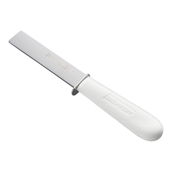 A knife with a straight, rectangular stainless steel blade and a textured white handle.