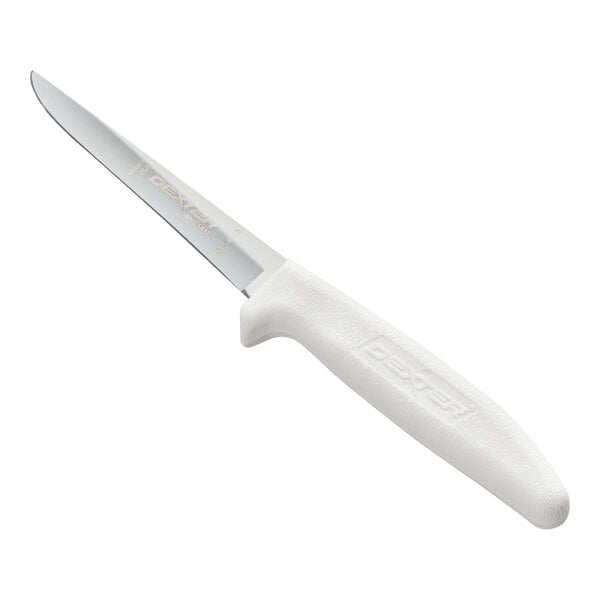 A knife with a narrow, pointed stainless steel blade and a textured white handle.