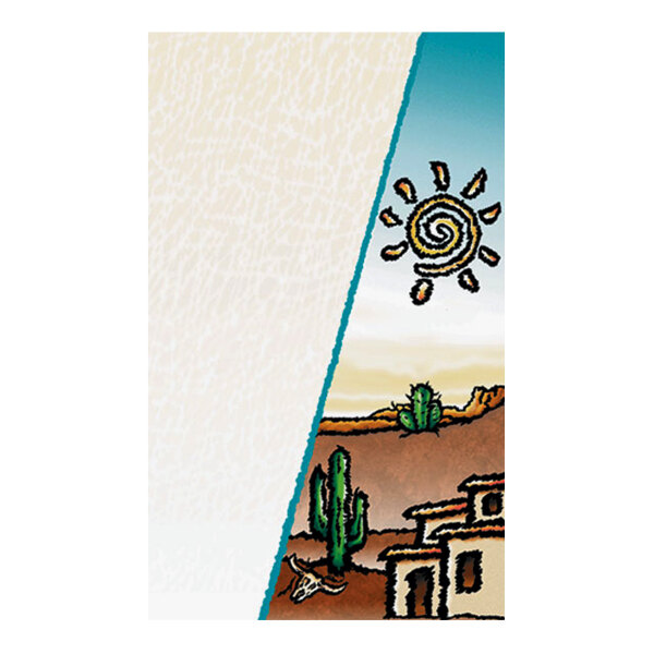 A sheet of menu paper cover featuring a Southwest themed desert design with cacti, a stylized sun, and adobe-style buildings.