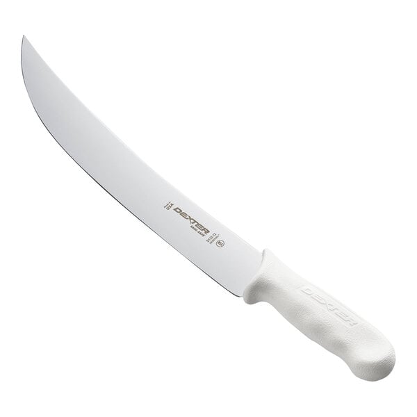 A large knife with a curved blade and a white textured handle, photographed on a white background.