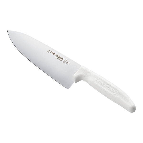 A chef's knife with a white textured handle and a broad stainless steel blade.