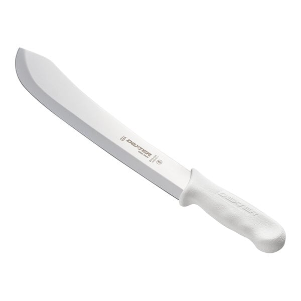 A large knife with a wide, curved blade and a textured white handle.