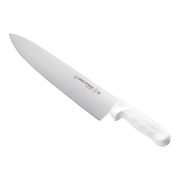 A large chef's knife with a white handle and a long, sharp stainless steel blade.