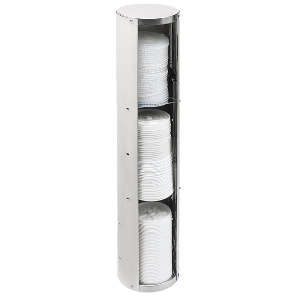 A Modular stainless steel three-tier tubular lid organizer.