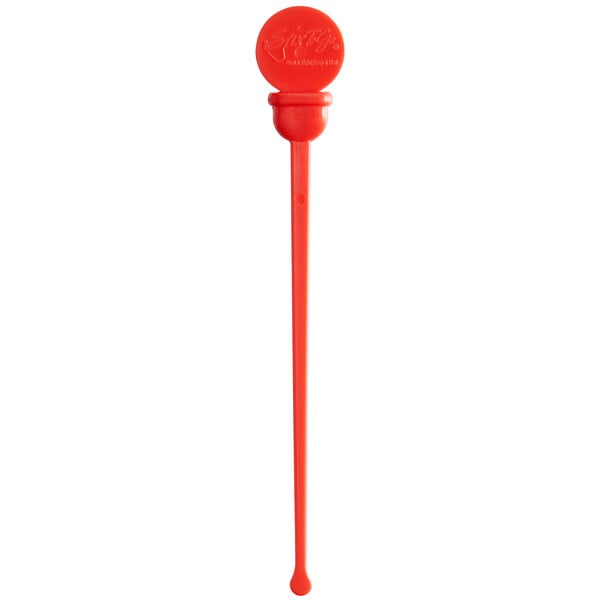 A Royal Paper red plastic stirrer with a small round ball on the end.