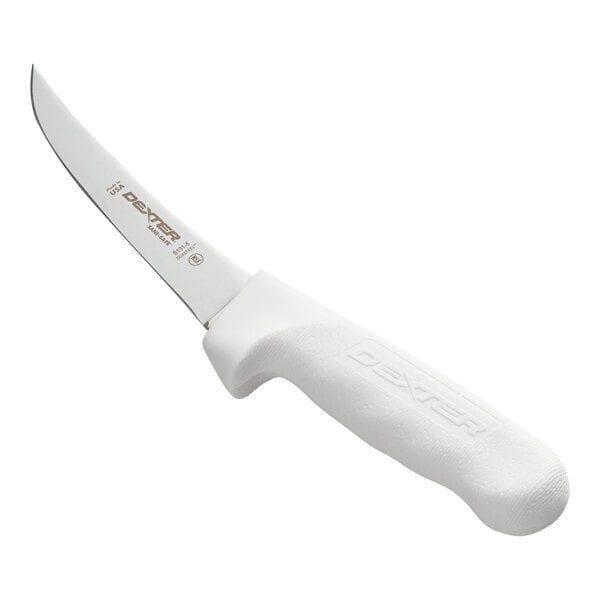 A knife with a curved, narrow blade and a white textured handle.