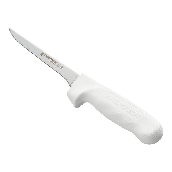 A knife with a curved, narrow blade and a textured white handle.