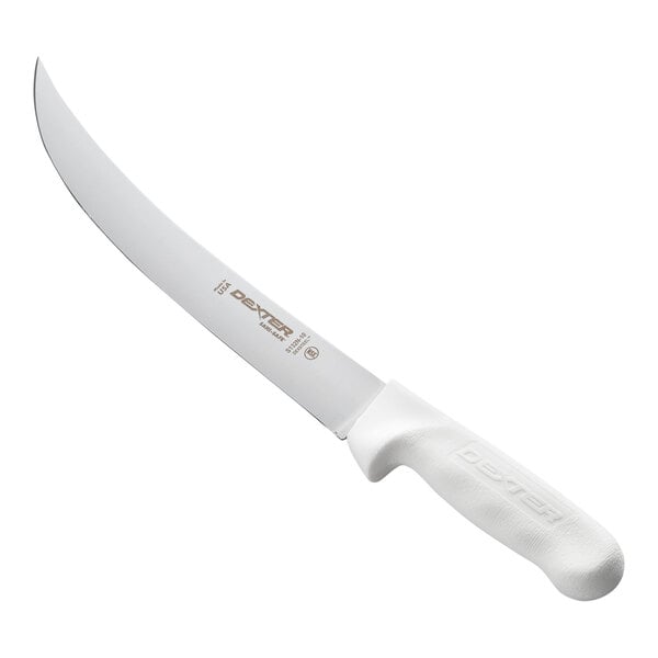 A large knife with a curved, narrow blade and a white textured handle.