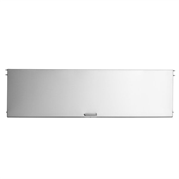 A white rectangular stainless steel lid with a metal handle.
