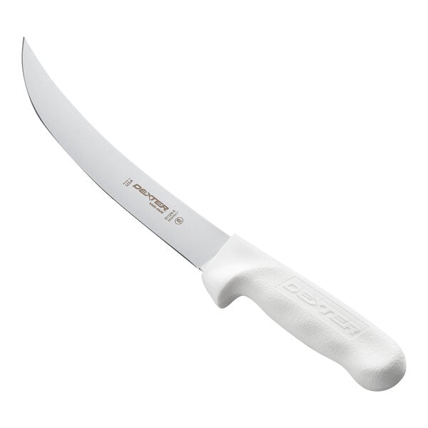 A curved-blade knife with a white textured handle and a pointed tip.