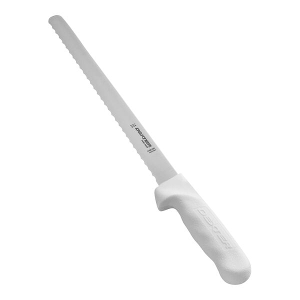 A narrow scalloped slicing knife with a white handle and a 10-inch blade.