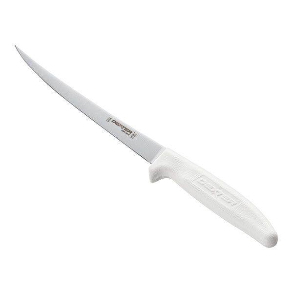 A knife with a long, narrow, flexible blade and a white textured handle.