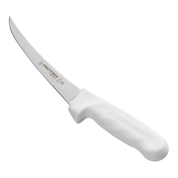 A knife with a curved, narrow blade and a white textured handle.