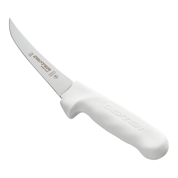 A knife with a curved, flexible blade and a white textured handle.