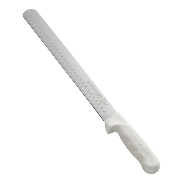 A 12-inch roast slicing knife with a white handle and a duo-edge blade.