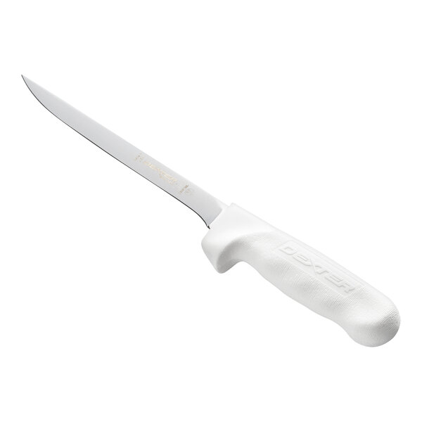 A knife with a long, narrow, flexible blade and a white textured handle.