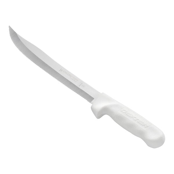 A serrated knife with a long, scalloped blade and a white ergonomic handle.