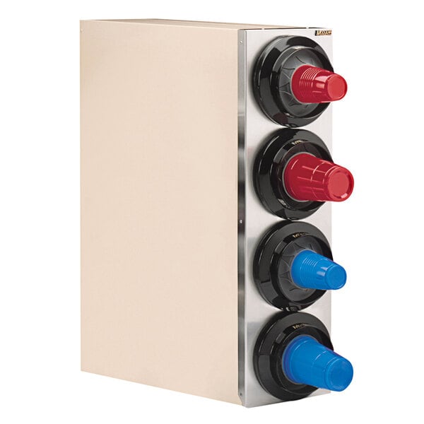 A white metal box with red, blue, and yellow buttons.