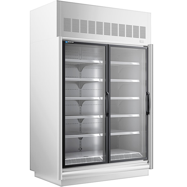 A white Master-Bilt refrigerated merchandiser with glass doors.