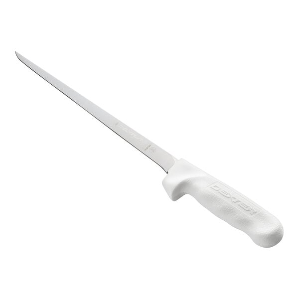 A knife with a long, narrow, flexible blade and a white textured handle.