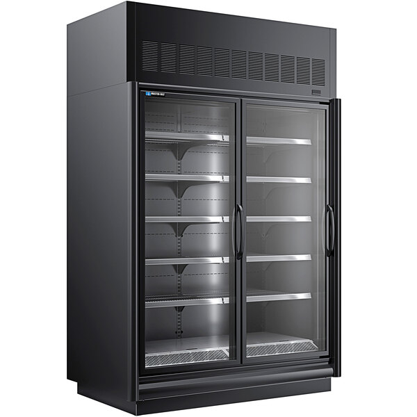 A black Master-Bilt refrigerated merchandiser with glass doors open.