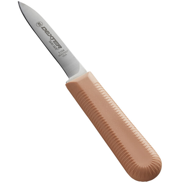 A Dexter-Russell paring knife with a tan handle and blade.