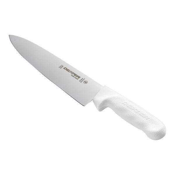 A chef's knife with a white handle and a stainless steel blade.