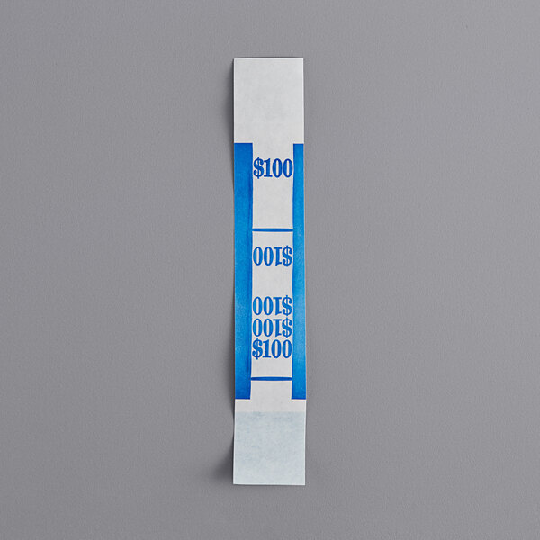 A blue and white self-adhesive currency strap with blue text reading "100%"