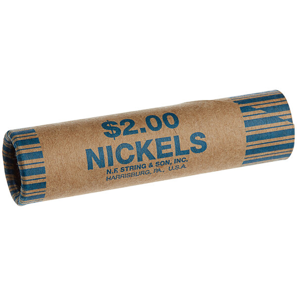 A roll of nickels in a Preformed Coin Wrapper with the words $20.00.